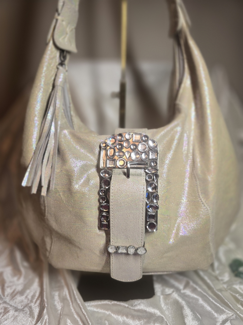 Chi by Carlos Falchi Metallic Shimmer Rhinestone Buckle Hobo Bag